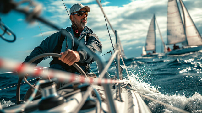 An immersive photograph capturing a sailor steering a sleek yacht through a regatta, with other boats in the background and the sailor's focused expression highlighting the competi © Наталья Евтехова