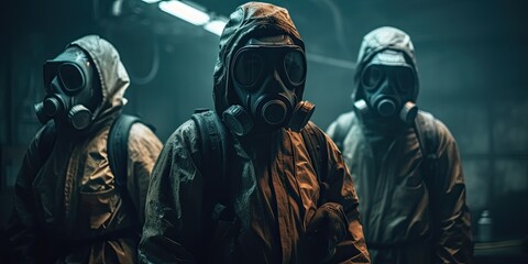 In a post-apocalyptic world, a team of fierce warriors don gas masks and helmets as they embark on an intense action-adventure game filled with danger and adrenaline, their protective garments shield