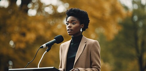A confident spokesperson stands beneath the shade of a tree, her clothing flowing in the outdoor breeze as she addresses the crowd with her powerful voice amplified by the audio equipment and microph