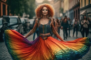 Fototapeta premium A vibrant woman in a rainbow dress dances through the city streets, her costume design reflecting the beauty and diversity of the human face