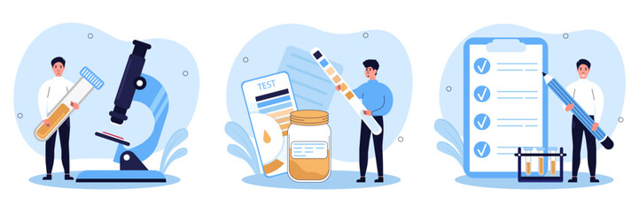 Medical tests illustration set.
Doctor examines the blood under a microscope, conducts a urine analysis with a pH test, records the results.Health care and medicine concept. Vector illustration.