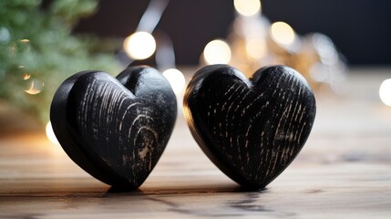 A couple of black hearts sitting on top of a wooden table - obrazy, fototapety, plakaty