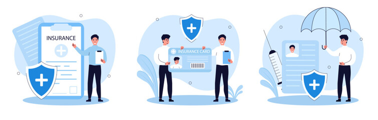 Health insurance illustration set. Doctor offering medical insurance policy contract. Doctor hands over the insurance ID to the patient. Medicine and healthcare concept. Vector illustration.