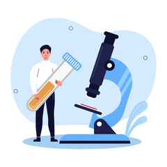 Medical tests illustration set.
Doctor examines the blood under a microscope, conducts a urine analysis. Health care and medicine concept. Vector illustration.