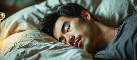 Asian man sleeping having good dream on bed in the morning. Copy space image. Place for adding text