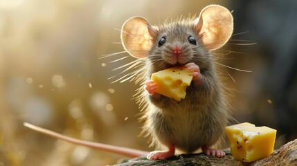  a mouse with a piece of cheese in it's hand and a piece of cheese in the other hand.