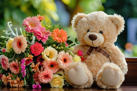 A cute teddy bear sitting next to a beautiful bunch of flowers