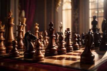 Chess, an intense chess match unfolding on a grand, ornate chessboard with exquisitely carved pieces