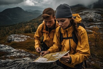 A couple bundled up in warm jackets gazes at a map while surrounded by the vast expanse of nature and towering mountains under a cloudy winter sky