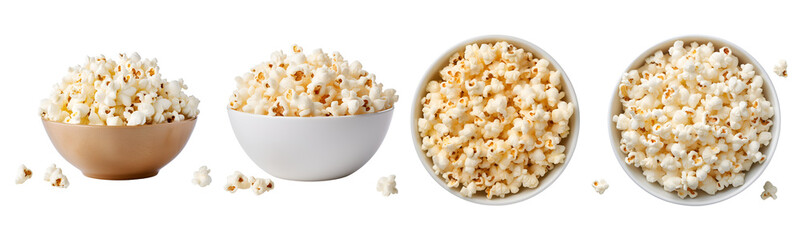 Side and Top View Set of Popcorn in a Bowl, Isolated on Transparent Background, PNG