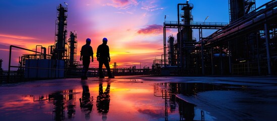 Silhouette of Teams engineer and foreman working at petrochemical oil refinery in sunset. Copy space image. Place for adding text