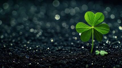 Lucky home symbol with four-leaf clover on black bokeh background - obrazy, fototapety, plakaty