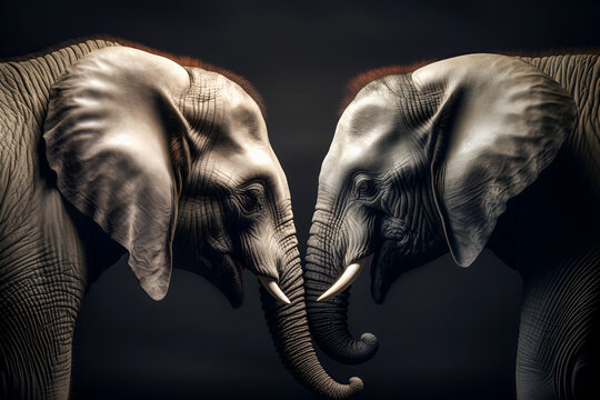 Two similar elephants bowed their heads to each other. Election. Racing concept. One party, two candidates