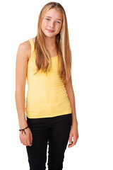 Fototapeta premium Cool, fashion or portrait of girl teenager in studio isolated on white background with blonde hair. Pride, casual child or confident model with smile, modern style or trendy clothes for happiness
