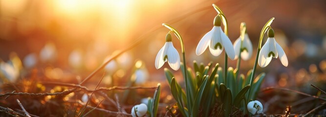 white snowdrop flowers bloom outdoors with sunlight in bokeh background - obrazy, fototapety, plakaty