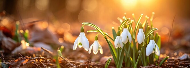 white snowdrop flowers bloom outdoors with sunlight in bokeh background - 713429374