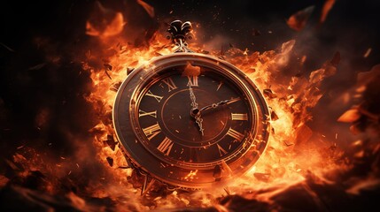 Vintage Clock Engulfed in Flames &ndash; Concept of Time Running Out