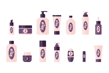 Set of cosmetic products for daily routine. Cleansing gel, foam, toner, face serum, cream, lotion, deodorant and lip balm for skin care. Vector illustration