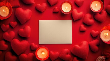 Glossy Red Elegance with Velvety Hearts Framing a White Card in a Valentine's Day Concept
