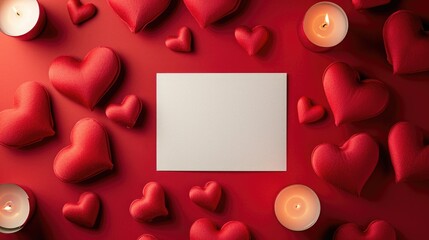 Glossy Red Elegance with Velvety Hearts Framing a White Card in a Valentine's Day Concept