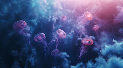 Naklejka na ściany i meble capsule belches smoke through the atmosphere and crashes on an alien world full of jellyfish
