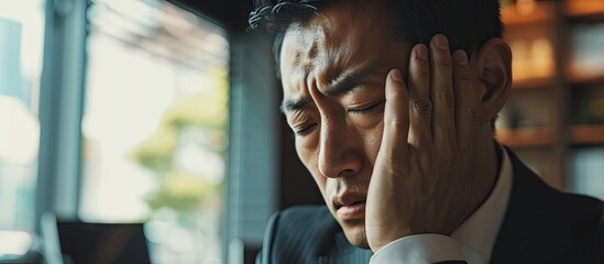 asian businessman overtime work and has headache in the office. Copy space image. Place for adding...