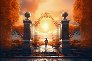 Little boy is standing in front of open gate. Light shines ahead. Beautiful autumn landscape around. Path into unknown that connects past and future