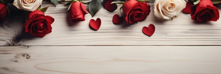 Rustic Romance with Red Roses and Felt Hearts on a Wooden Surface in a Valentine's Day Concept