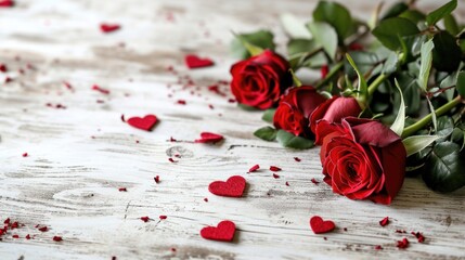 Rustic Romance with Red Roses and Felt Hearts on a Wooden Surface in a Valentine's Day Concept