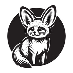 Cute fennec fox. Viktage outline illustration. Black engraving, logo, round emblem