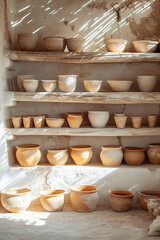 clay pots on shelf, simple rustic style
