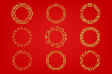 Chinese frame or border set on red background. traditional asian ornaments, golden oriental