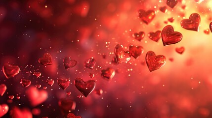 Obraz premium Floating Hearts Bokeh - Elongated Panoramic Red Background in a Valentine's Day Concept