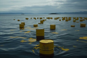 Floating yellow barrels on ocean depicting radioactive pollution. Generative AI