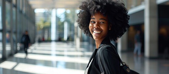 Young African American businesswoman laughing while walking in an office after a meeting with colleagues. Copy space image. Place for adding text