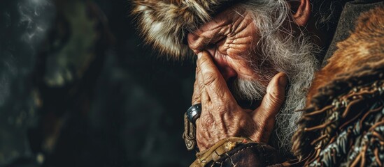 Old senior man with grey hair and long beard wearing viking traditional costume smelling something stinky and disgusting intolerable smell holding breath with fingers on nose bad smell - obrazy, fototapety, plakaty