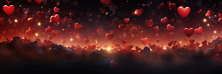 Floating Hearts Bokeh - Elongated Panoramic Red Background in a Valentine's Day Concept - obrazy, fototapety, plakaty