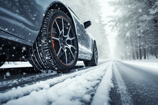 Snow-covered winter road featuring detailed car tires. Panorama. Generative AI