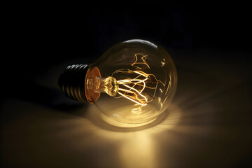 On black background light bulb emits bright glow, its filament casts complex shadows. bright contrast between burning bulb and surrounding darkness evokes feeling of inspiration and clarity
