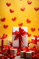 Obraz premium Bright Yellow Joy - Cheerful Valentine's Day Scene with Heart Adorned Gift Boxes, Valentine's Day Concept