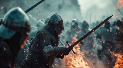 Medieval knights warriors, battle for castle, fight. Storming city, smoke and fire, battlefield. Portrait of knights with swords and spears, war - obrazy, fototapety, plakaty