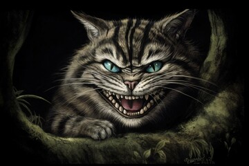A mischievous feline with a wide grin, known as the Cheshire Cat. Generative AI - obrazy, fototapety, plakaty
