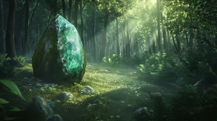 Zelfklevend Fotobehang Big Gemstone mineral in fabulous forest, fantasy nature, fairy tale landscape © Mars0hod