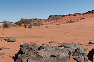 Fototapeta na wymiar A view of the rock formations in the Tadrart Rouge Mountains. Tassili n Ajjer National Park, Sahara Desert, Algeria, Africa.
