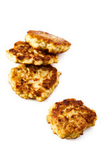  Golden Brown Chopped Chicken Cutlets or Patties with mozzarella cheese isolated on white background.