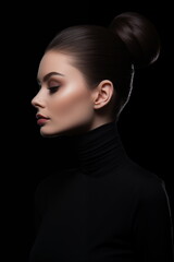 Fashion art studio portrait of beautiful elegant woman in black turtleneck. Hair high beam, perfect profile face. Elegant beauty style
