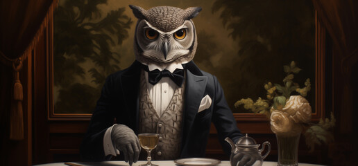 Owl man, Launch, Dinner, Noble, Aristocratic, Lord, Count, 1800s portrait. FOR A DINNER AT MR. OWL'S. Owl lord posing in his launch room behind a laid table with drink waiting for dinner to be served - obrazy, fototapety, plakaty