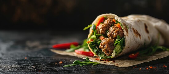 Vietnamese meatball wrap or Vietnamese salad roll or Namnueng or Nem Nuong Asian food style. Copy space image. Place for adding text - obrazy, fototapety, plakaty