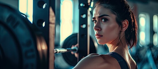 Strong woman lifting barbell as a part of crossfit exercise routine Fit young woman lifting heavy weights at gym. Copy space image. Place for adding text - obrazy, fototapety, plakaty
