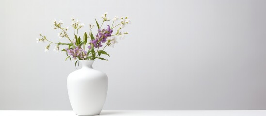 Luxury wall and vase with beautiful flowers in vase decoration, textured wall, empty space. Generative AI.